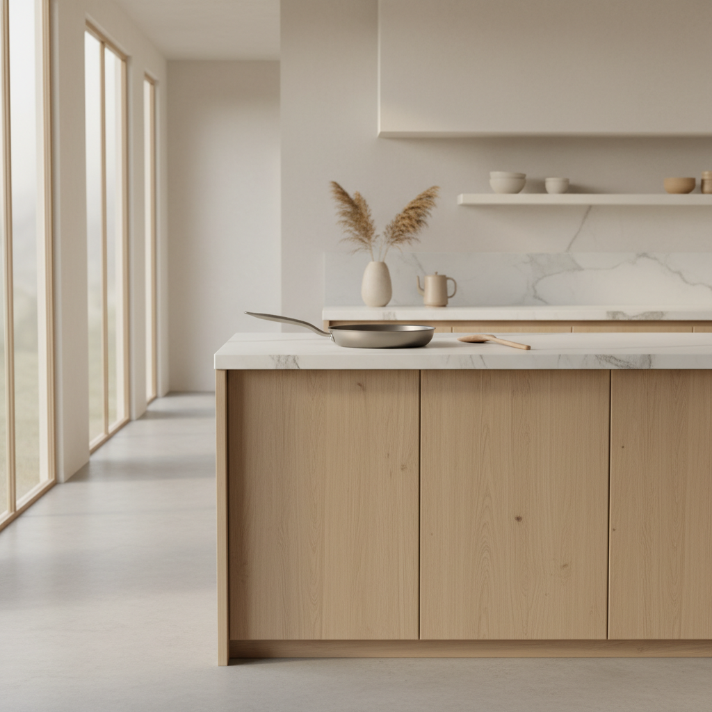 Moderne keuken met premium koekenpan van 48Kitchen – slim en stijlvol kookgerei.