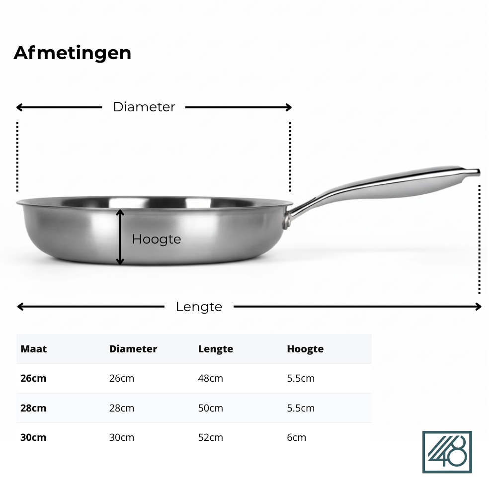 Afmetingen van de 48Kitchen titanium koekenpan met maten 26 cm, 28 cm en 30 cm