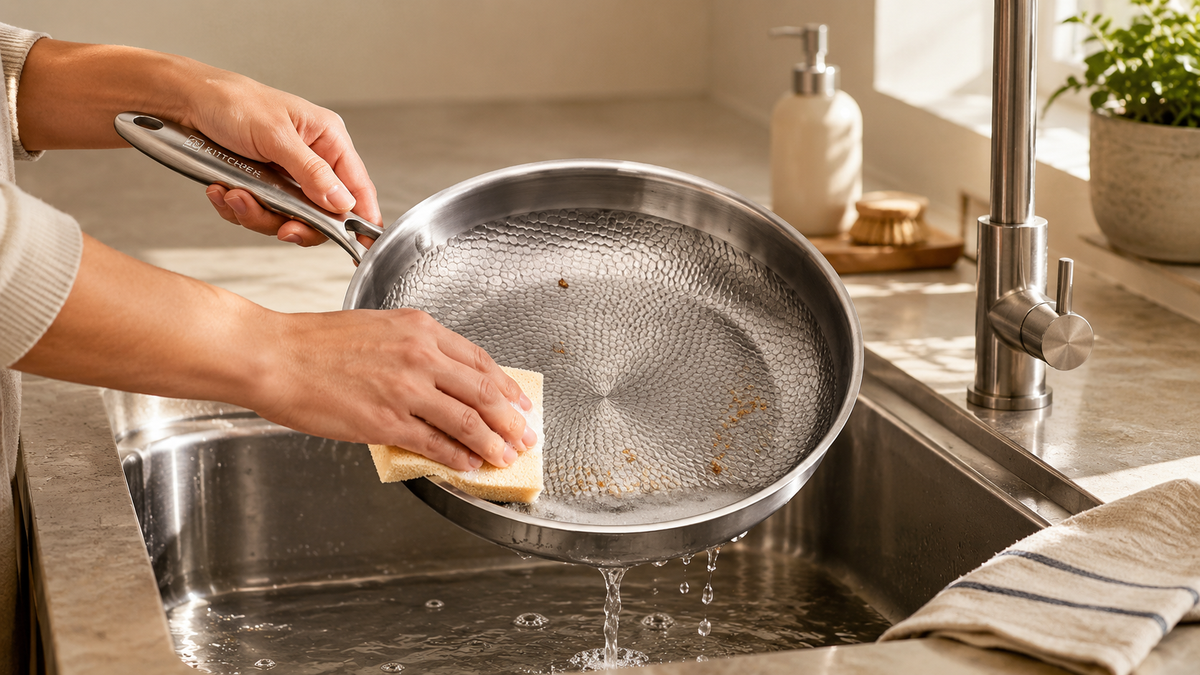 > Afgekoelde titanium-versterkte koekenpan die met warm water, afwasmiddel en een zachte spons wordt schoongemaakt.