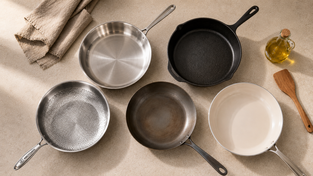> Koekenpannen van titanium-versterkt materiaal, RVS, gietijzer, koolstofstaal en keramiek in één overzicht.