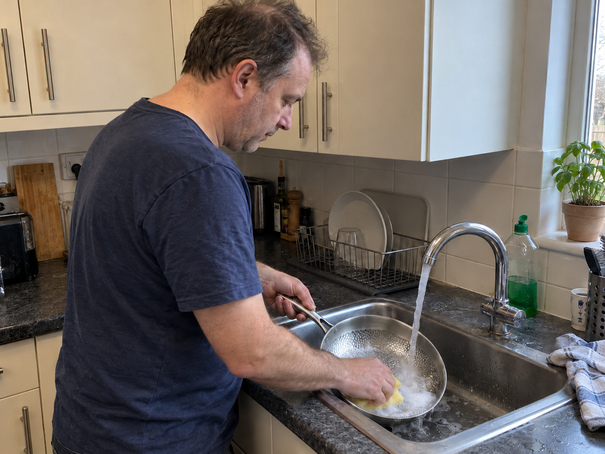 Man cleaning titanium hamered pan