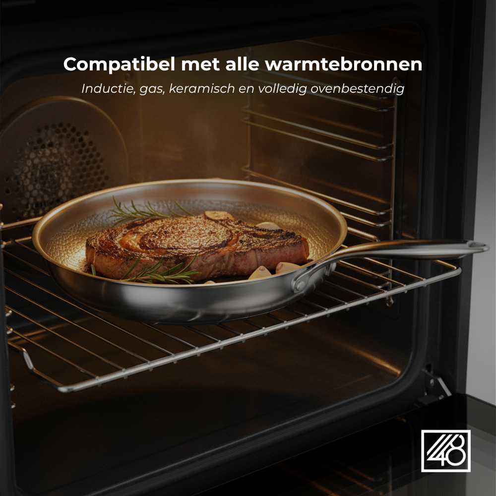 48Kitchen titanium koekenpan in de oven met steak, geschikt voor alle warmtebronnen