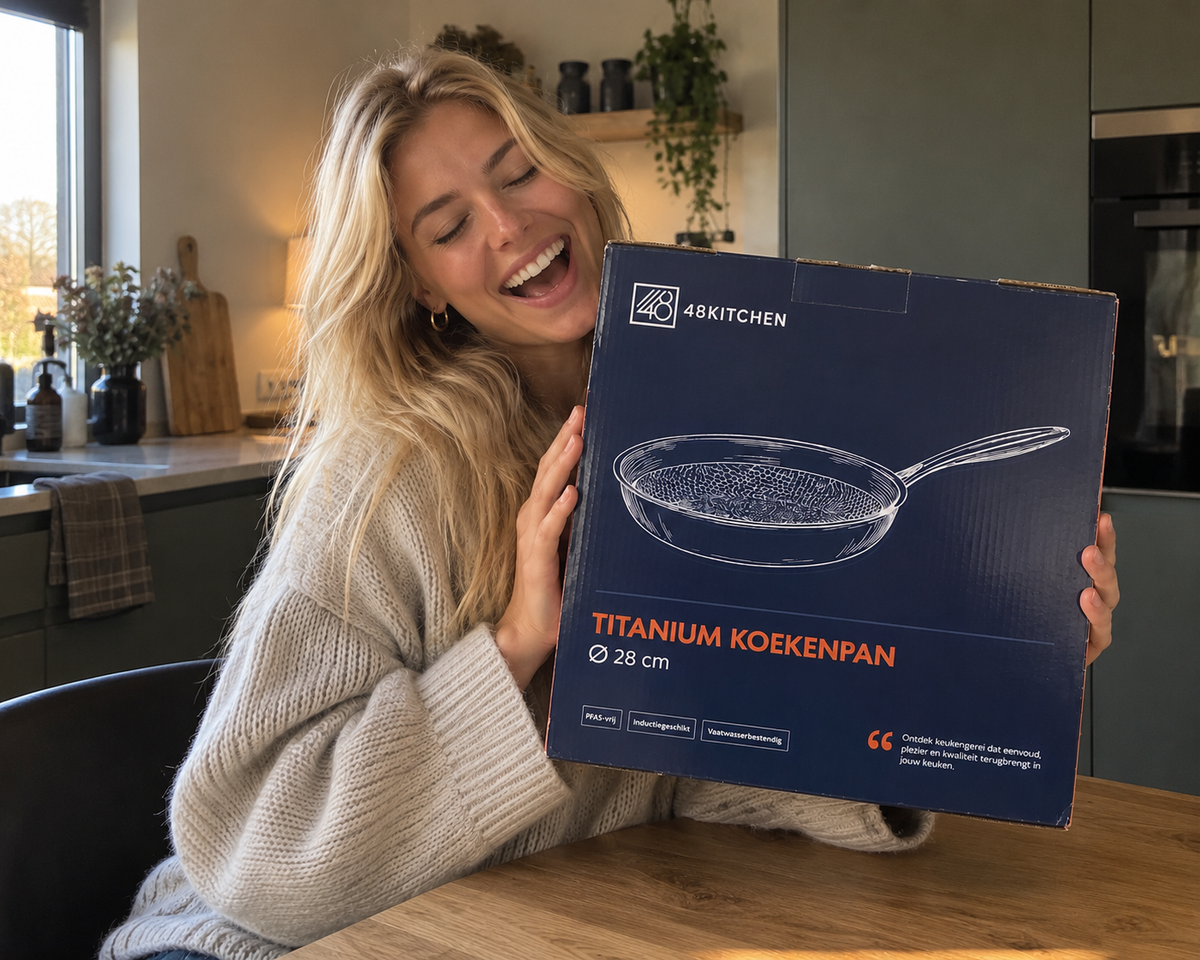 Woman holding 48kitchen titanium pan box